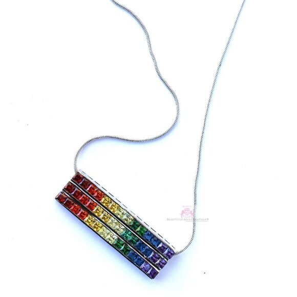 7 Colors Gods Promise Rainbow Cubic Zirconia CZ Triple Multi 3 Row Bar Necklace - Picture 3 of 9